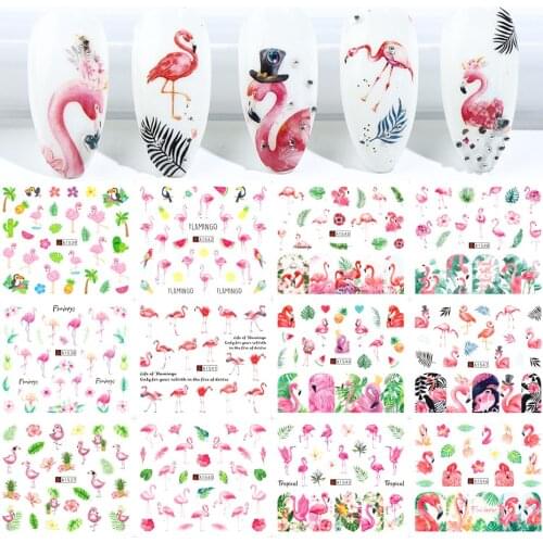 12pcs Flamingo Nail Sticker Flower Leaf Water Decal Transfer Nail Sliders Summer Tattoo Nail Art Decoration Tip JIA1537-1548-1