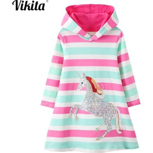 VIKITA Girls Hooded Dress Kids Striped Long Sleeve Cotton Dresses Autumn Winter Spring Unicorn Sequins Color Block Hoodies Dress