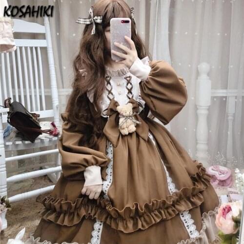 KOSAHIKI Sweet Cute Lolita Dress Female Japanese Kawaii Soft Girl Gothic Dresses Vestido Long Sleeve Vintage Ruffle Cosplay Robe