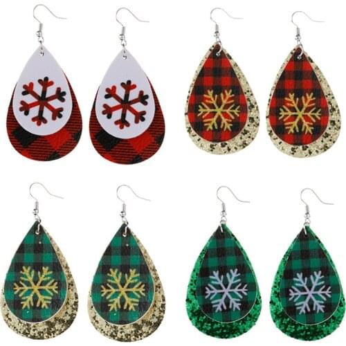 Buffalo Plaid Glitter Snowflake Faux Leather Earrings Layered Christmas Lightweight Leaf Teardrop Earrings Xmas Gifts New
