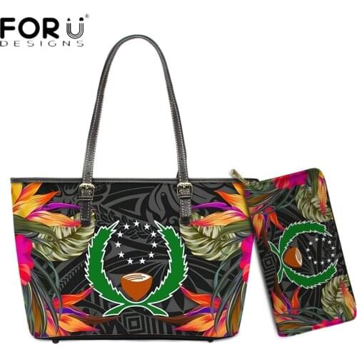 FORUDESIGNS Luxury Design Women Shoulder Bag And Wallets Set Pohnpei Polynesian Flower Printing Large Capacity Ladies Handbag