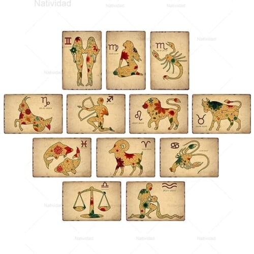 Vintage Twelve Constellation Metal Sign Retro Iron Plaque Plate Metal Cafe Room Wall Decoration Home Wall Art Decoration 20X30Cm