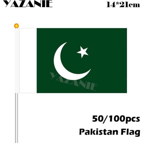 YAZANIE 14*21cm 50/100pcs Pakistan Hand Waving Small Flag with Plastic Stick #8 Polyester World Countries Custom Flag Wholesale