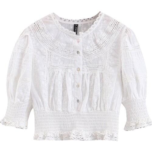 PERHAPS U Women White Solid Top Shirt Stand Collar Half Sleeve Spring Summer Puff Sleeve Lace Blouse Button B0662