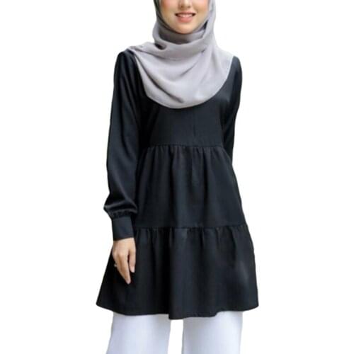 Women Muslim Long Sleeve Tunic Tops Flared Ruffles Hem Solid Color Pullover Loose Shirt Autumn Malaysia Turkey Abaya Dubai Vinta