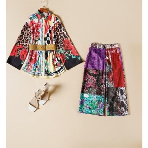 European and American womens clothing 2021 The new spring Long-sleeved vintage printed shirt 7 minutes of pants Fashion suit