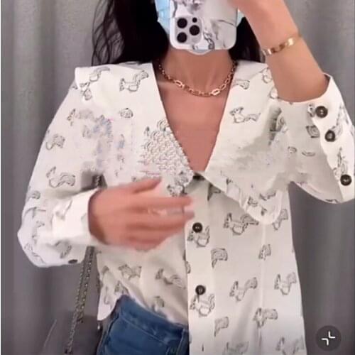 Women Shirt 2021 Fall New Squirrel Print Ladies Long Sleeve Loose Shirt