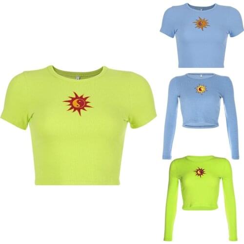 Women Short/Long Sleeve Navel Crop Top Tai Chi Sun Embroidery Ribbed Knitted T-Shirt Fluorescent Solid O-Neck Slim Fit Street