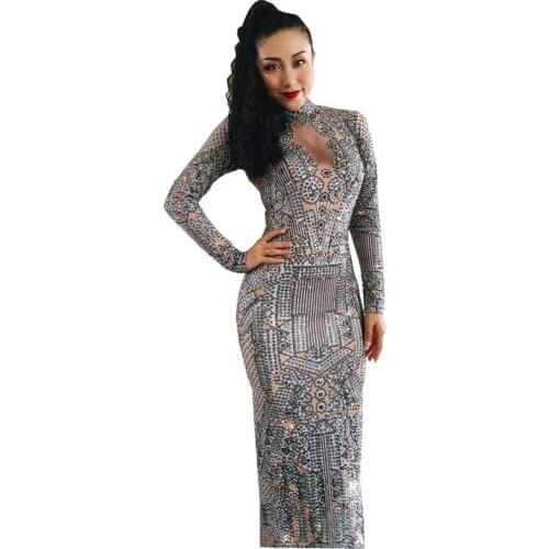 2019 New Sparkly Silver Full Rhinestones Long Sleeve Party Long Dress Women Birthday Celebrity Outfit Bar Prom Singer Stage Wear