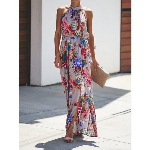 2021 Summer Vintage Print Loose Beach Dress Women Sexy Halter O Neck Beach Boho Dresses Fashion Elegant Sleeveless Pleated Dress