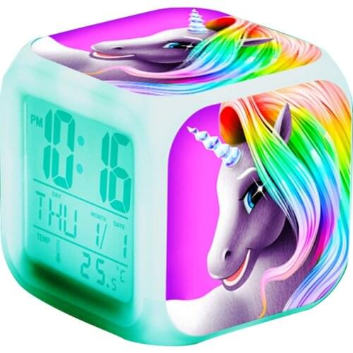 2020 Cartoon Unicorn Alarm Clocks Kids Child Wake Up Clock 7 Color Changing LED Night Light Clocks