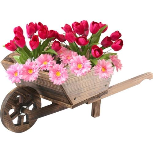 2021 New Fashion Modern Wooden Wheel Barrow Flower Pot Garden Planter Burnt Wood Flower Cart Ornamental Pot Garden Decor