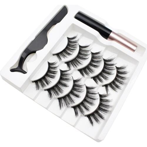 5 Pairs Of Magnetic False Eyelashes Handmade Fiber Material Magnetic Eyelashes Waterproof Tweezers Makeup Liquid Eyeliner Set