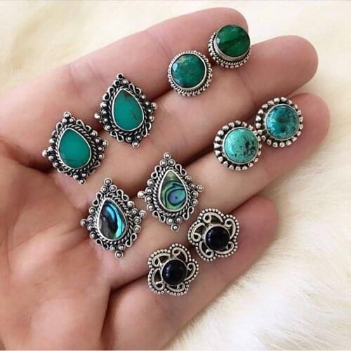 5 Pair/Set Bohemian Fashion Retro Carved Natural Stone Stud Earring for Women Jewelry Gifts