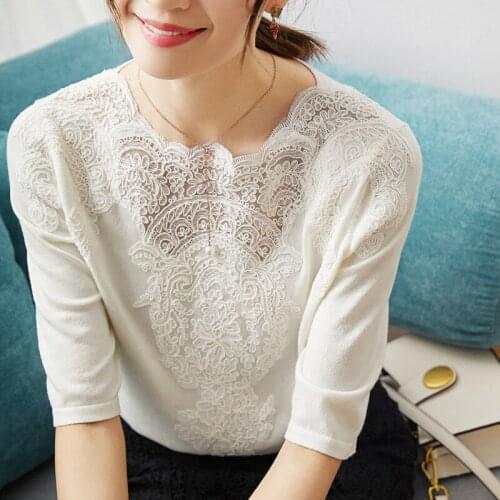 White shirt New lace black round collar coat sleeve of the female spring summer 2021 thin sweater can customized big size