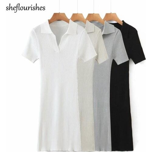 Elegant short sleeve dress women knitted dresses bodycon mini dress summer polo dress vintage solid office lady dresses white