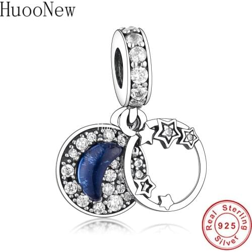 FC Jewelry Fit Original Charm Bracelet 925 Silver Dark Blue Enamel Moon Star Circle Zirconia Dangle Beads For Making Berloque