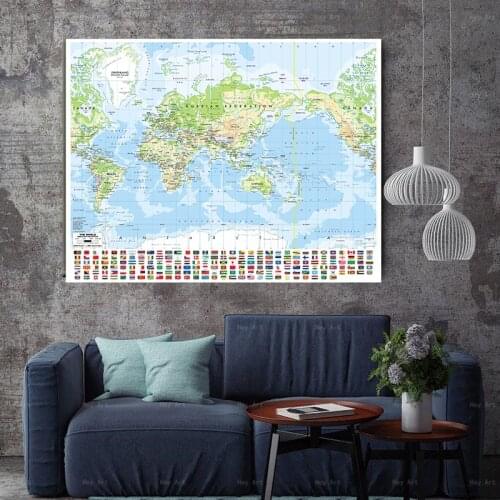 150x150cm Non-woven Spray Map Mercator Projection World Map with National Flag For Culture and Education