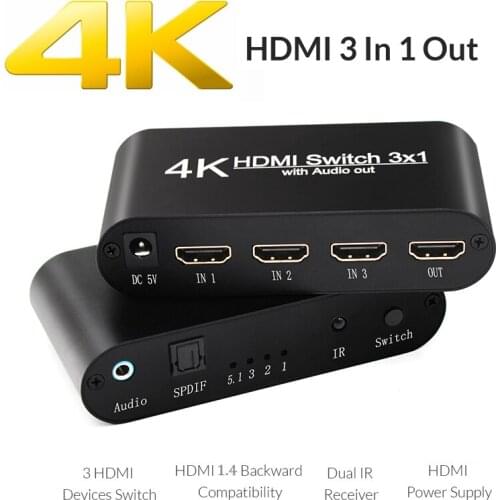 HDMI Switcher 3x1 4K Audio Extractor with Remote Audio Out3 In 1 Out Switch Splitter for PC TV Monitor PS4 XBOX HDMI 2.0