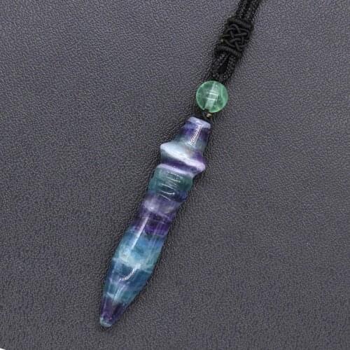 KFT Natural Bullet Shape Fluorite Stone Pendulum With Round Bead Stone Pendant Black Rope Chain Necklace Meditation Jewelry