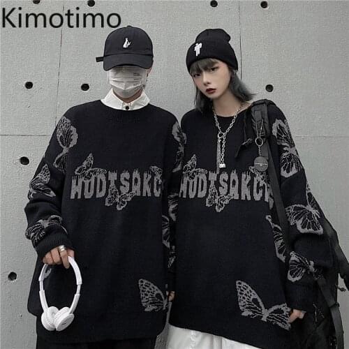 Kimotimo Harajuku Sweater Women Black Pullovers Loose Casual Black Gothic Oversized Tops Female Streetwear Knit Sweaters