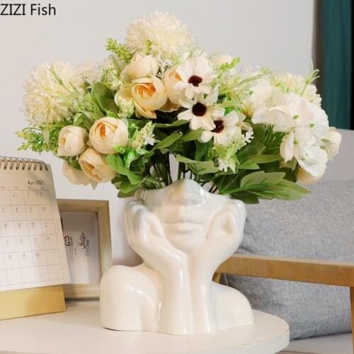 Creative Ceramic Vase Face Vase Abstract White Half Face Human Head Ceramic Handicraft Ornaments Modern Home Decoration