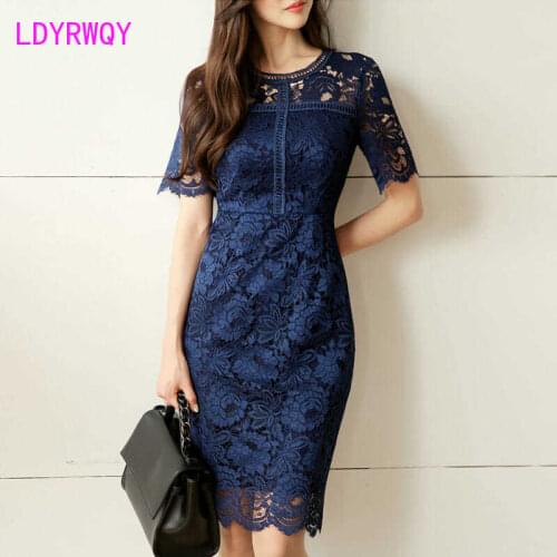 LDYRWQY Lace dress women 2021 summer new waist temperament ladies short-sleeved solid color hip bag Office Lady Knee-Length