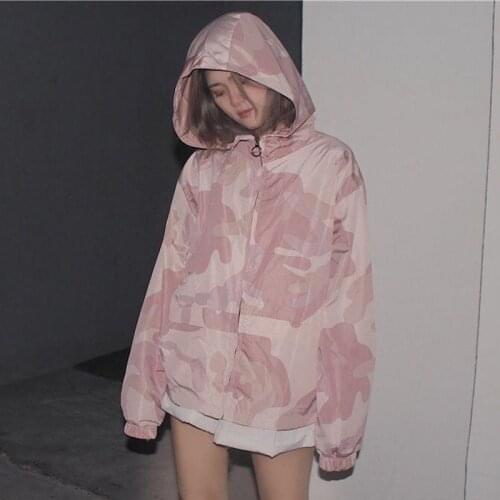 Zip-up Harajuku Korean version loose thin long-sleeved hooded sun protection jacket coat Camouflage retro shirt student girl top