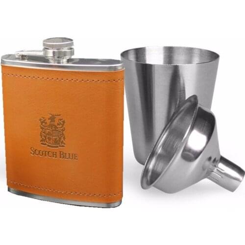 2018 Hot sales 7oz pu leather Wrapping whisky vodka flagon cccp Stainless steel alcohol liquor hip flask gift SET