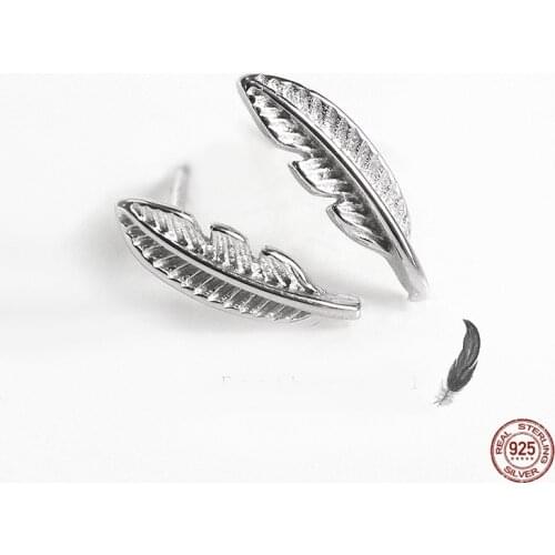 LKO Punk Style 925 Sterling Silver Fashion Feather Stud Earrings For Women Men Vintage Exquisite Jewelry Accessories