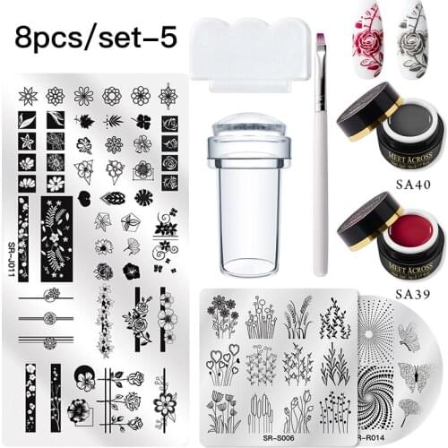 MEET ACROSS Nail Stamping Gel Polish Printing 8PCS Black White Stamp Print Oil UV Gel For Nail Art Stamping Plates Palette Set