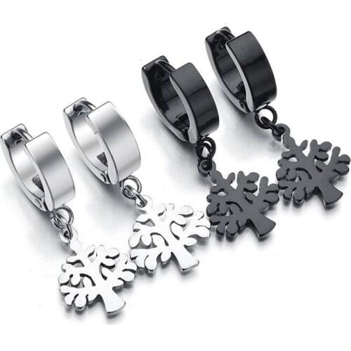 Mens Smooth Tiny Stainless Steel Hoop Earrings Small Simple Huggies With Leaf Tree Pendants Creative Earring Piercing For Women