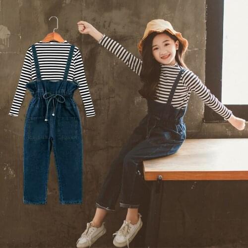 2020 Children Girls Spring Autumn Clothing Set Teenager Girls Striped T-Shirt Bib Denim Pants 2pcs Clothes Suits