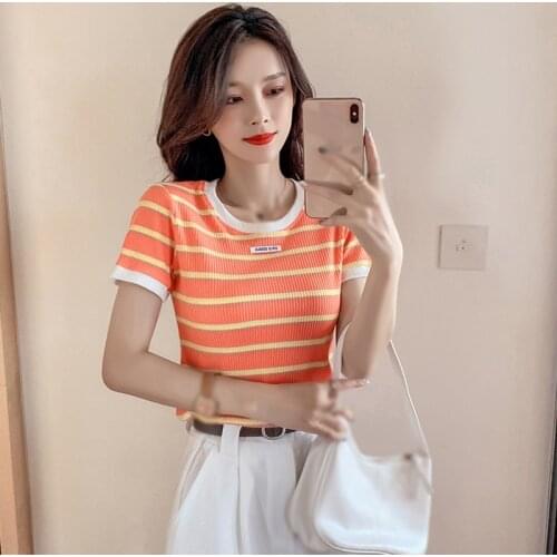 New Women Striped Summer T-Shirts Casual Knitted Short Sleeve O Neck T-Shirt Tops Female Slim Top