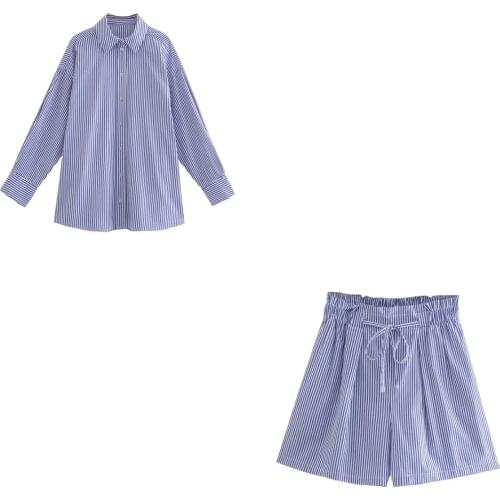 ZA New Women Spring Autumn Retro Stripe Simple Style Loose Long Sleeve Shirt Casual Lace Up Shorts XITIMEAO