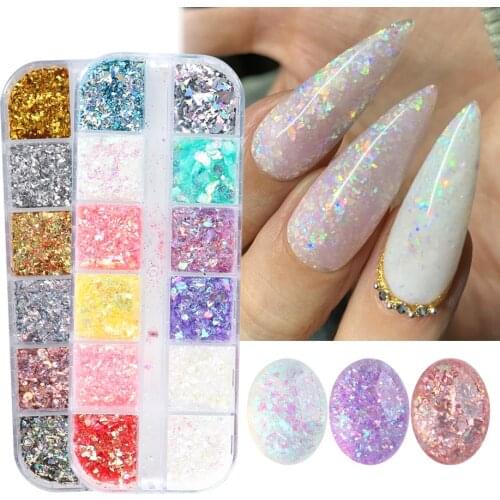 12 Color Opal Nail Glitter Powder Aurora Flakes Iridescent Confetti For Manicure Decoration Nails Art Glass Sequins Tools BEJX02