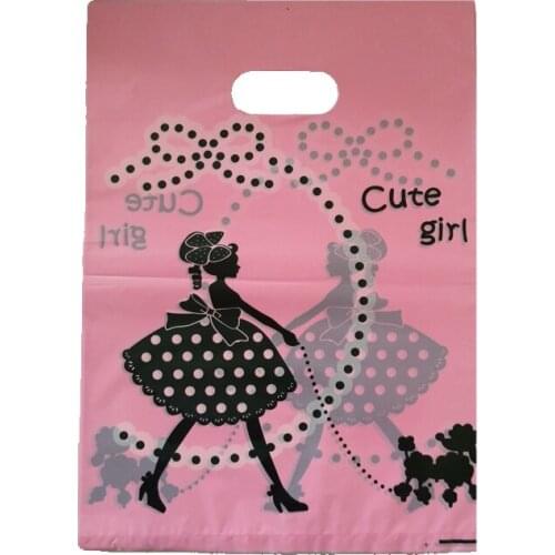 50pcs/lot 25x35cm Cute Girl Print Pink Plastic Jewelry Bag Shopping Bags With Handle Plastic Boutique Jewelry Packaging Bags