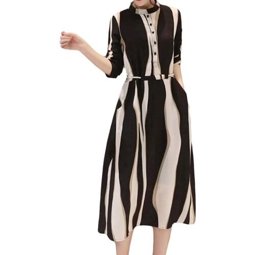 Chiffon Crew Neck Dress Elegant Solid Color Striped Loose Dress Party Party Relaxed Breathable Belt Dress Z1121