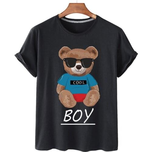 Pure Cotton Sunglasses Cool And Handsome Bear College Style Printed T-shirt Women 0-neck Loose Short-sleeved Plus Size T-shirt