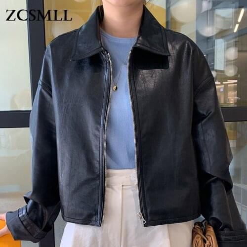 ZCSMLL All-match Loose Casual Long-sleeved Motorcycle Clothing PU Jacket Female Korean Autumn Personality Lapel Zipper Coat