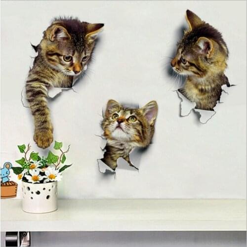 Cats 3D Wall Sticker Toilet Stickers Hole View Vivid Dogs Bathroom for Home Decoration Animals Vinyl Decals Art Sticker poster