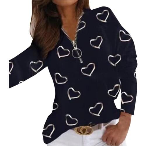 Autumn tshirts Women Fashion Love Zipper Printing Long Sleeves Shirts Sweatshirt Tops Elegant Ladies Shirt Streetwear blusas