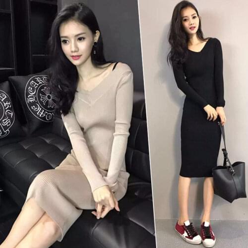Women Dresses Autumn Winter Clothing Pullover V-neck Woolen Skirt Over-the-Knee Knitted Dress Vestido De Mujer Femme Robe