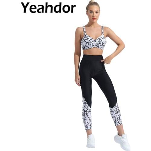 Womens Sport Suit Sportwear Yoga Fitness Sports Outfit Casual Wear Sleeveless Knotted V-Neck Print Padded Tops with Leggings Set