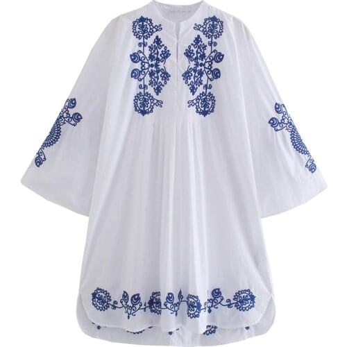 New Spring Autumn Women White Loose Sexy Shirt Mini Dress Chic Print Embroidery Casual Beach side slit Dresses Ladies Vestidos
