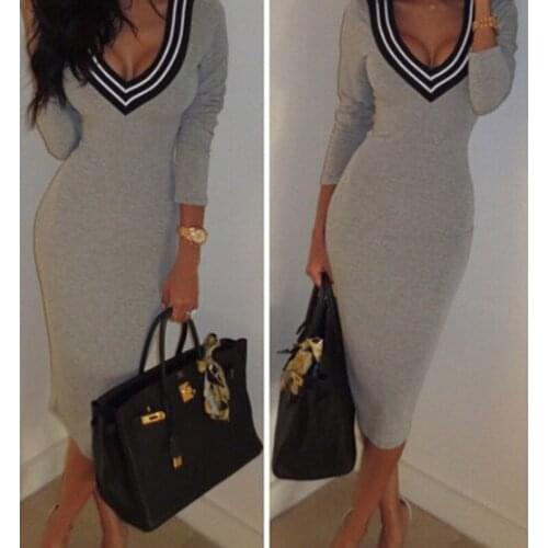 Wholesale women dress Fashion Winter Dress Long Sleeve V-neck Dress Sexy Stretch Bodycon Dress vestidos the europe style DL1334