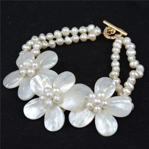 2 Strands Handcraft Shell Flower Bracelet Freshwater Pearl Beads Bangle Bracelets for Women Girls Wedding Party Fashion Jewelry