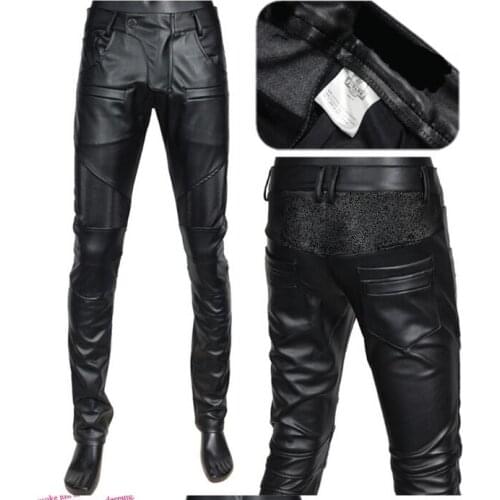 2020 warm motorcycle faux leather pants men casual trousers pu feet pants for men fashion slim tight-fitting pantalon homme