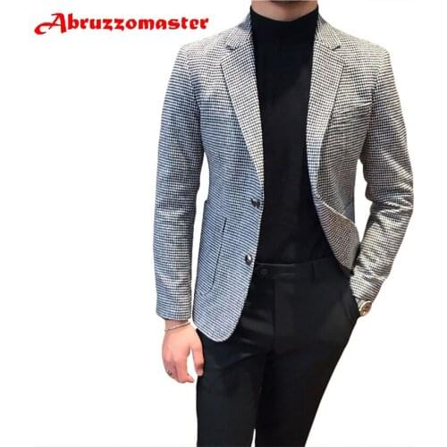 Abruzzomaster Slim Fit Houndstooth Man Suits Grid Plaid Check Tuxedo Prom Wedding Party Dogstooth Blazer and Black Pants