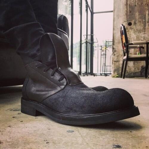 Retro Harajuku Leather Patchwork Big Round Toe Mens Low Help Boots Spring Autumn Fashion Lace Up Increase botas hombre Plus Size